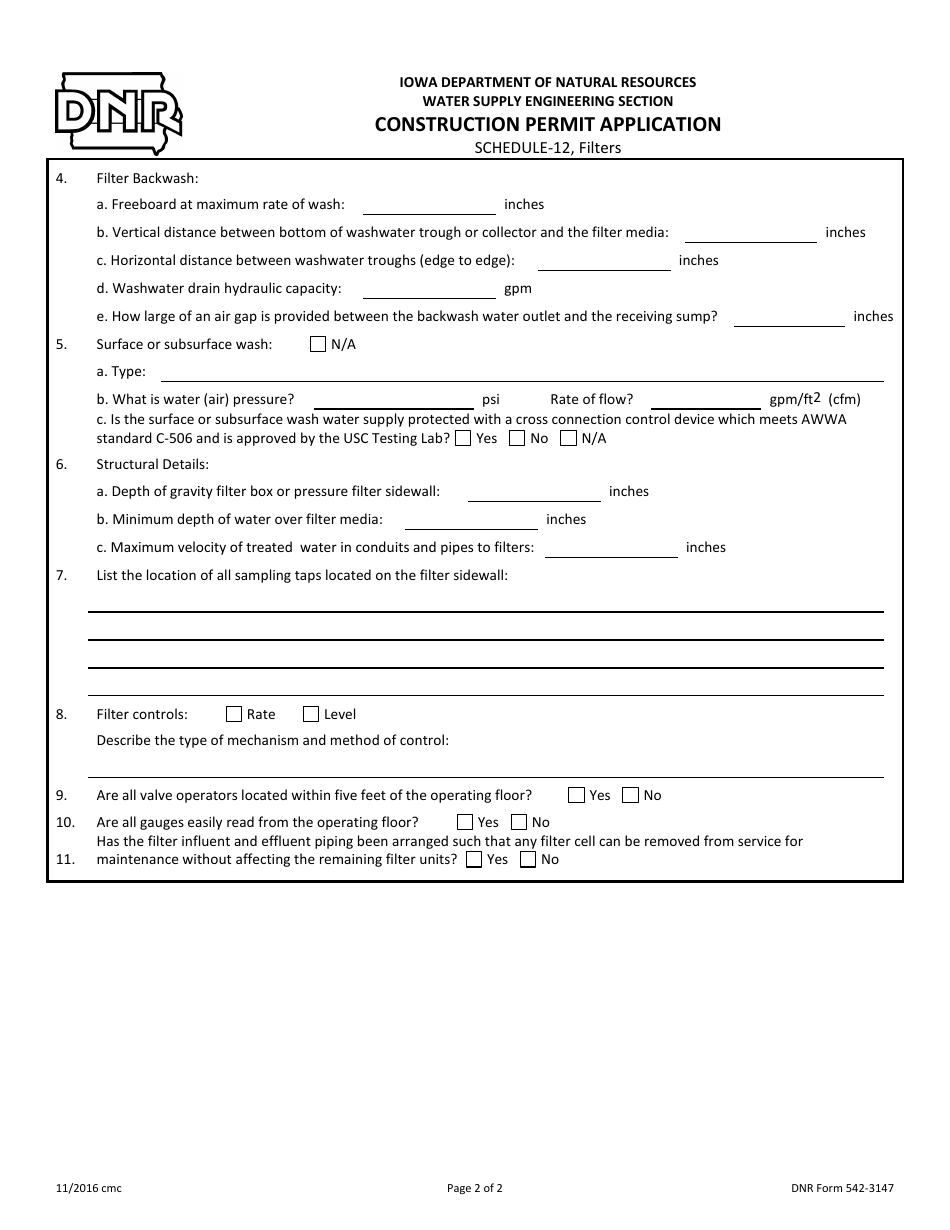 DNR Form 542-3147 Schedule 12 Construction Permit Application - Filters - Iowa, Page 2