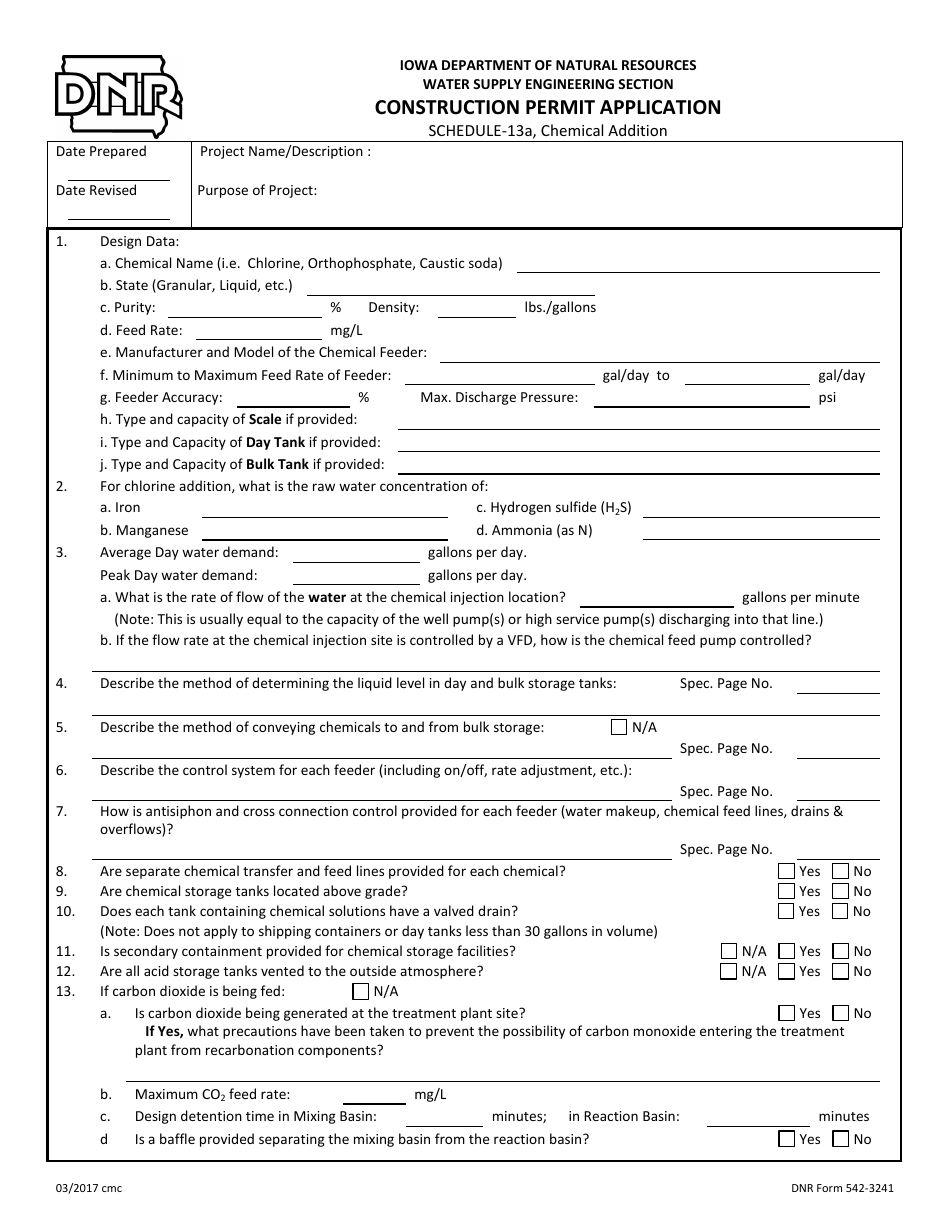 DNR Form 542-3241 Schedule 13A Construction Permit Application - Chemical Addition - Iowa, Page 1