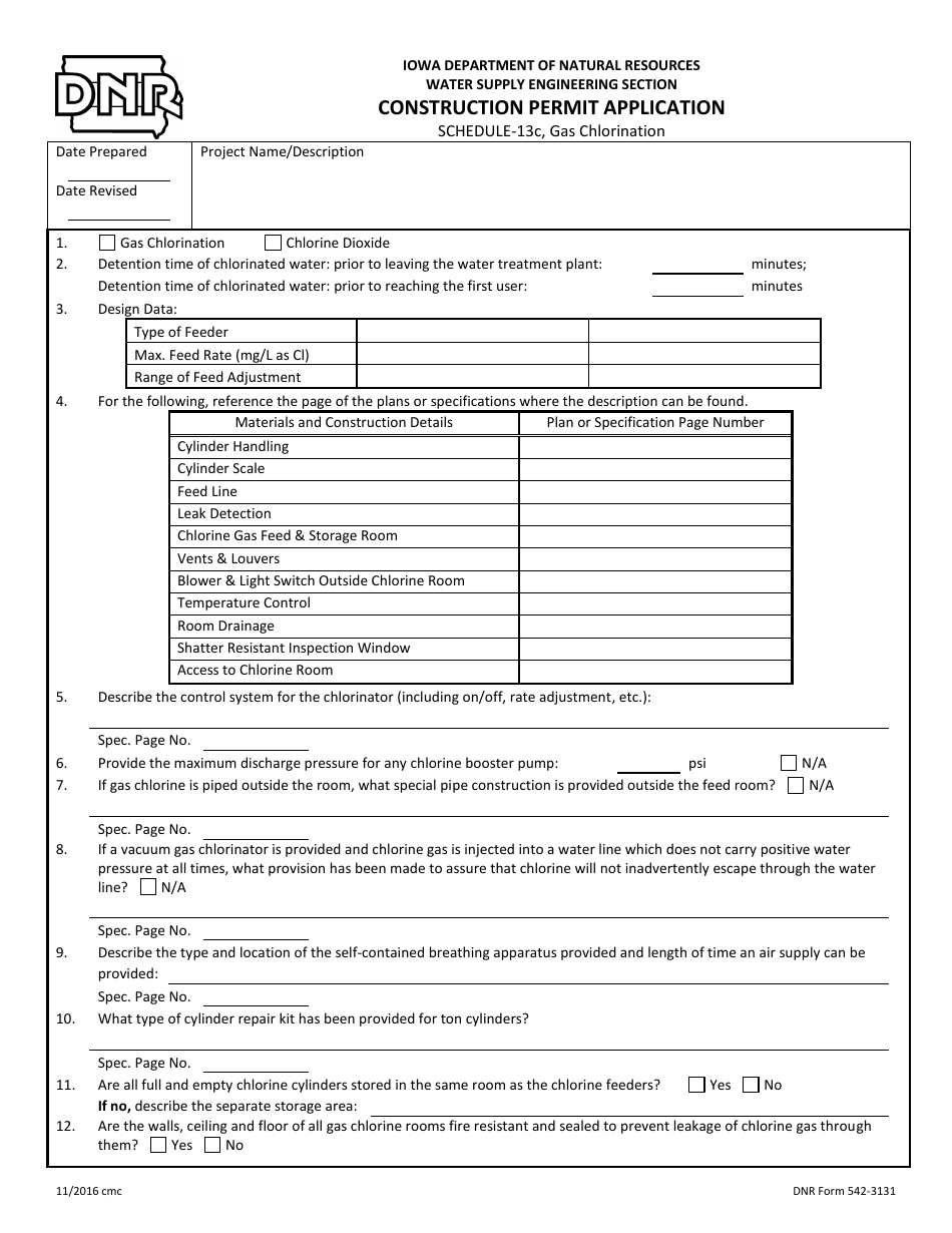 DNR Form 542-3131 Schedule 13C Construction Permit Application - Gas Chlorination - Iowa, Page 1