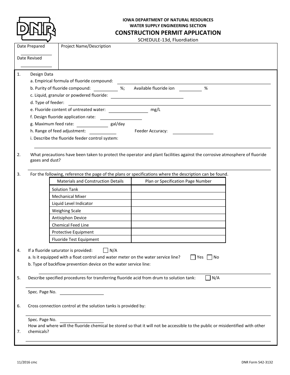 DNR Form 542-3132 Schedule 13D Construction Permit Application - Fluordiation - Iowa, Page 1