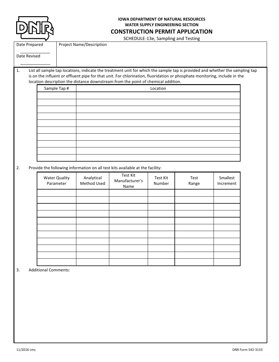 DNR Form 542-3133 Schedule 13E Construction Permit Application - Sampling and Testing - Iowa, Page 1