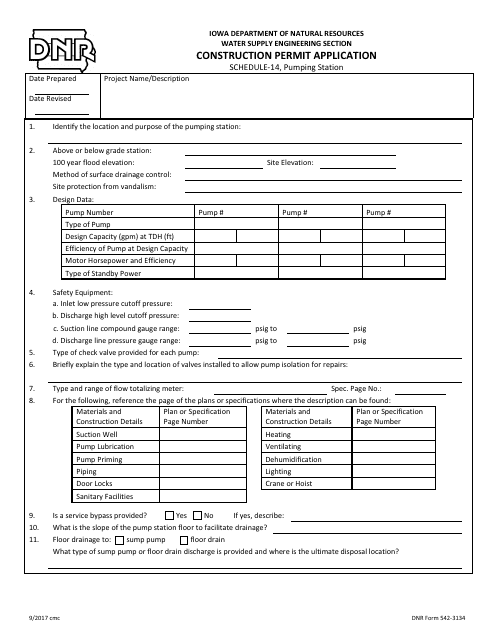 DNR Form 542-3134 Schedule 14 Construction Permit Application - Pumping Station - Iowa