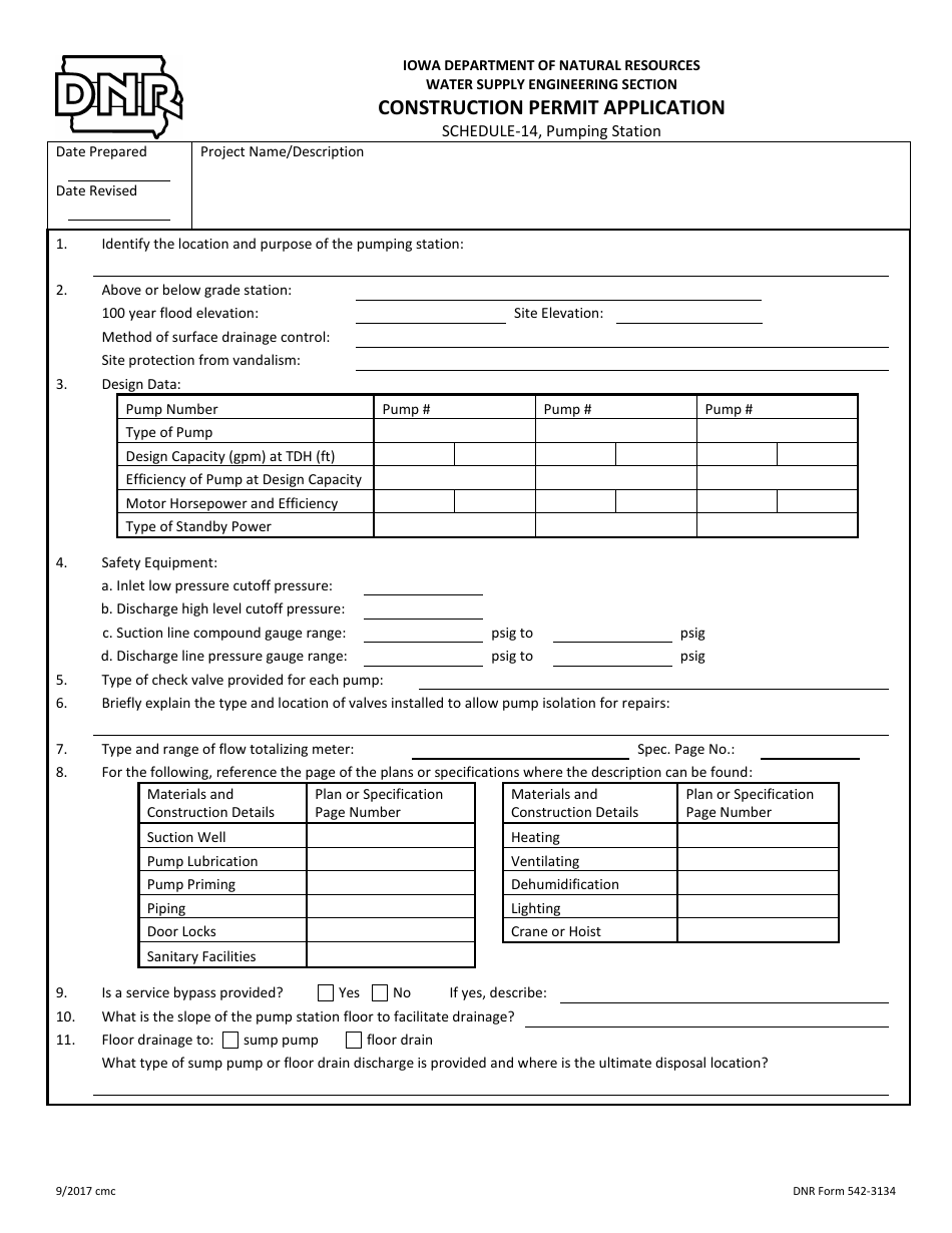 DNR Form 542-3134 Schedule 14 Construction Permit Application - Pumping Station - Iowa, Page 1