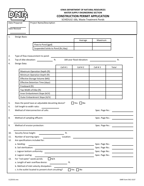 DNR Form 542-3137 Schedule 16B Construction Permit Application - Waste Treatment Ponds - Iowa