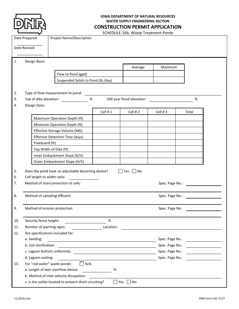 DNR Form 542-3137 Schedule 16B Construction Permit Application - Waste Treatment Ponds - Iowa, Page 1