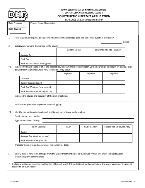 DNR Form 542-3103 Schedule 16D Construction Permit Application - Discharge to Sewer - Iowa