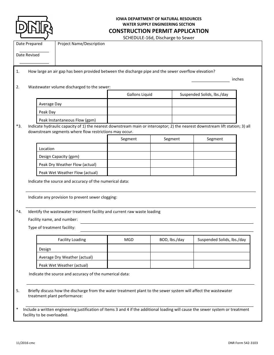 DNR Form 542-3103 Schedule 16D Construction Permit Application - Discharge to Sewer - Iowa, Page 1