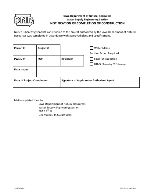 DNR Form 542-3019  Printable Pdf