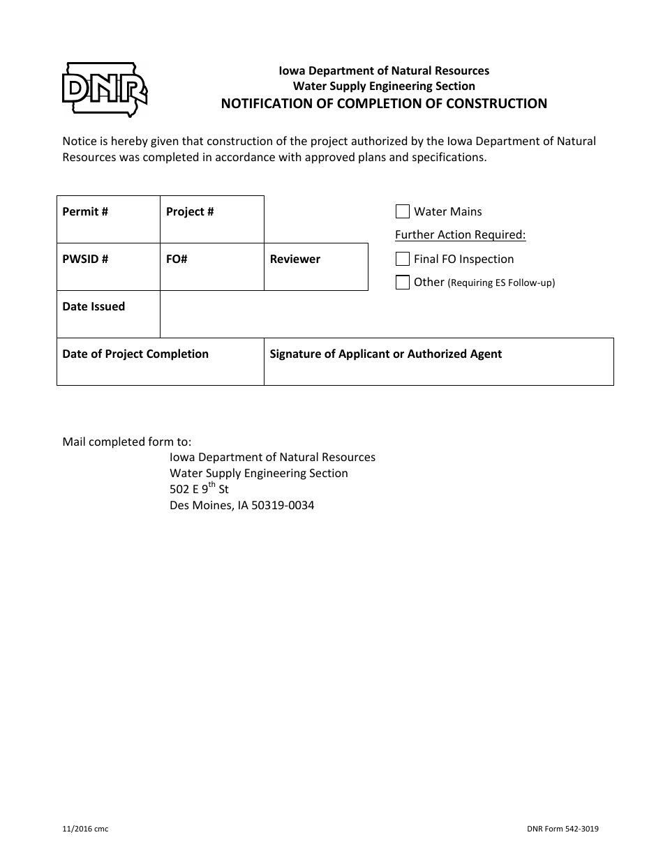 DNR Form 542-3019 Notification of Completion of Construction - Iowa, Page 1
