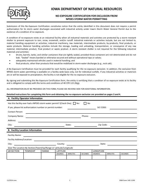DNR Form 542-1249  Printable Pdf