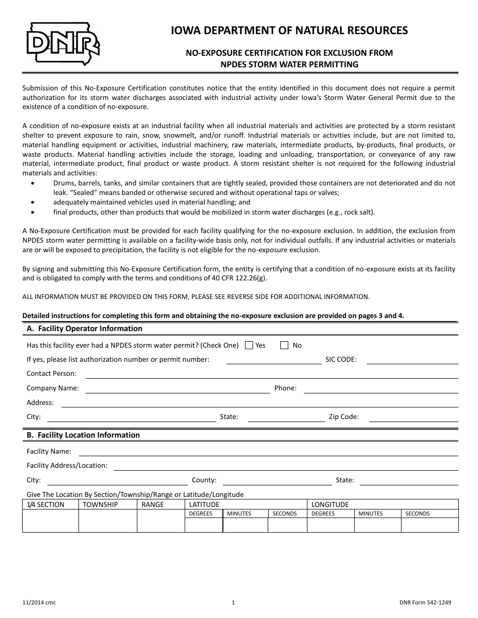 DNR Form 542-1249 No-Exposure Certification for Exclusion From Npdes Storm Water Permitting - Iowa, Page 1