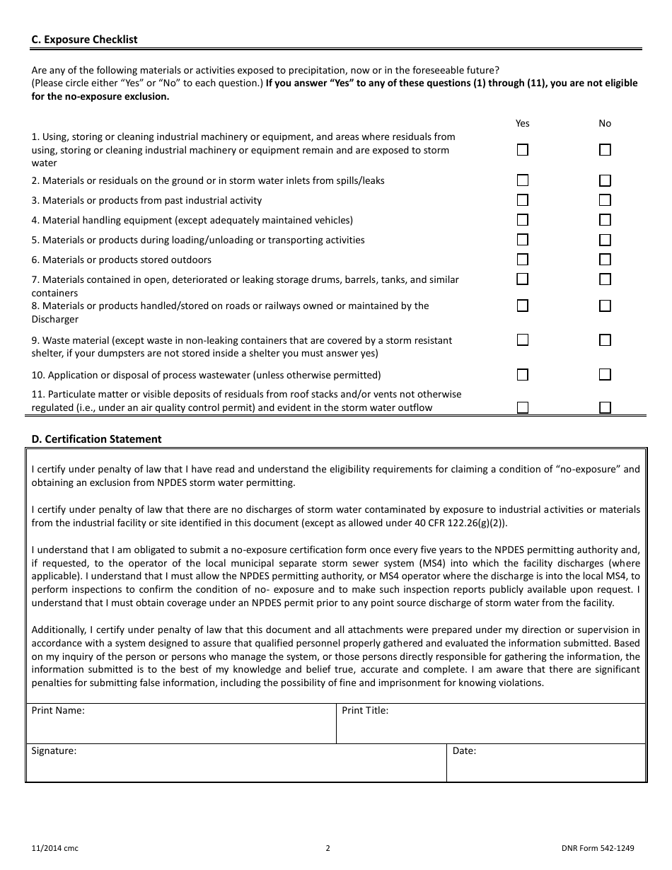 DNR Form 542-1249 No-Exposure Certification for Exclusion From Npdes Storm Water Permitting - Iowa, Page 2
