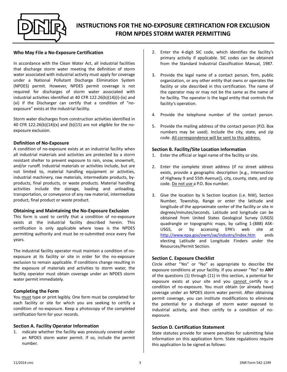 DNR Form 542-1249 No-Exposure Certification for Exclusion From Npdes Storm Water Permitting - Iowa, Page 3