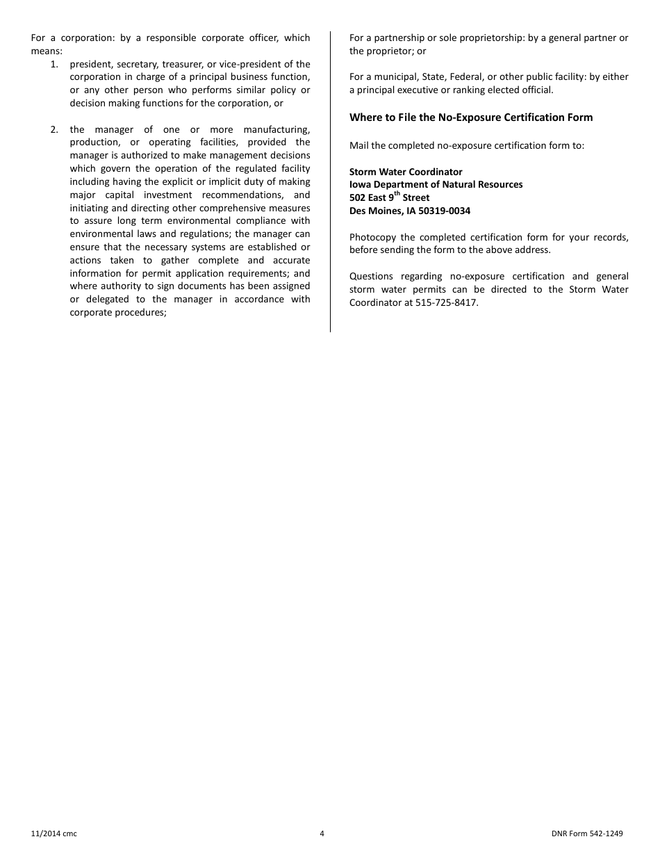 DNR Form 542-1249 No-Exposure Certification for Exclusion From Npdes Storm Water Permitting - Iowa, Page 4