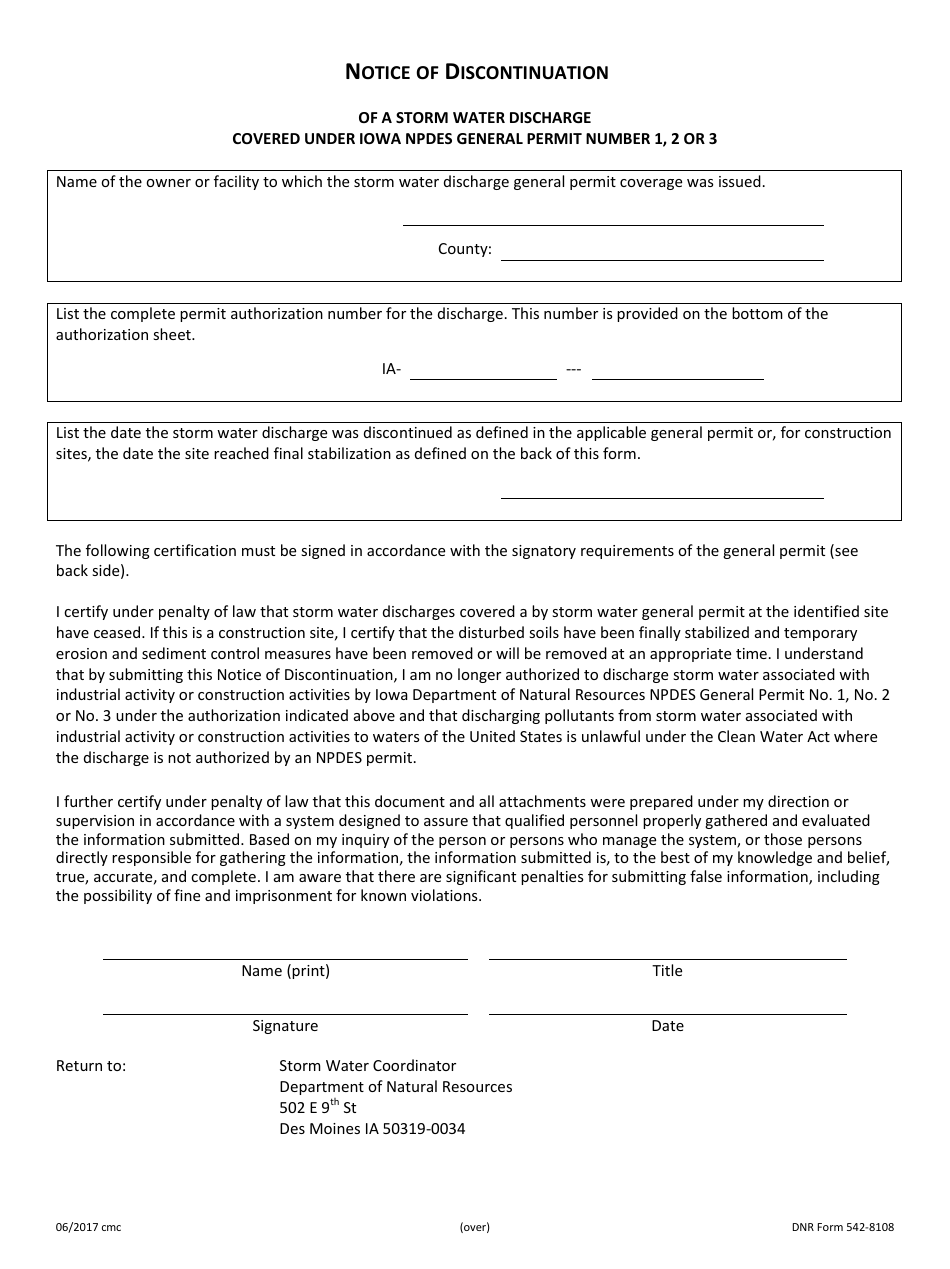 DNR Form 542-8108 Notice of Discontinuation of a Storm Water Discharge - Iowa, Page 1
