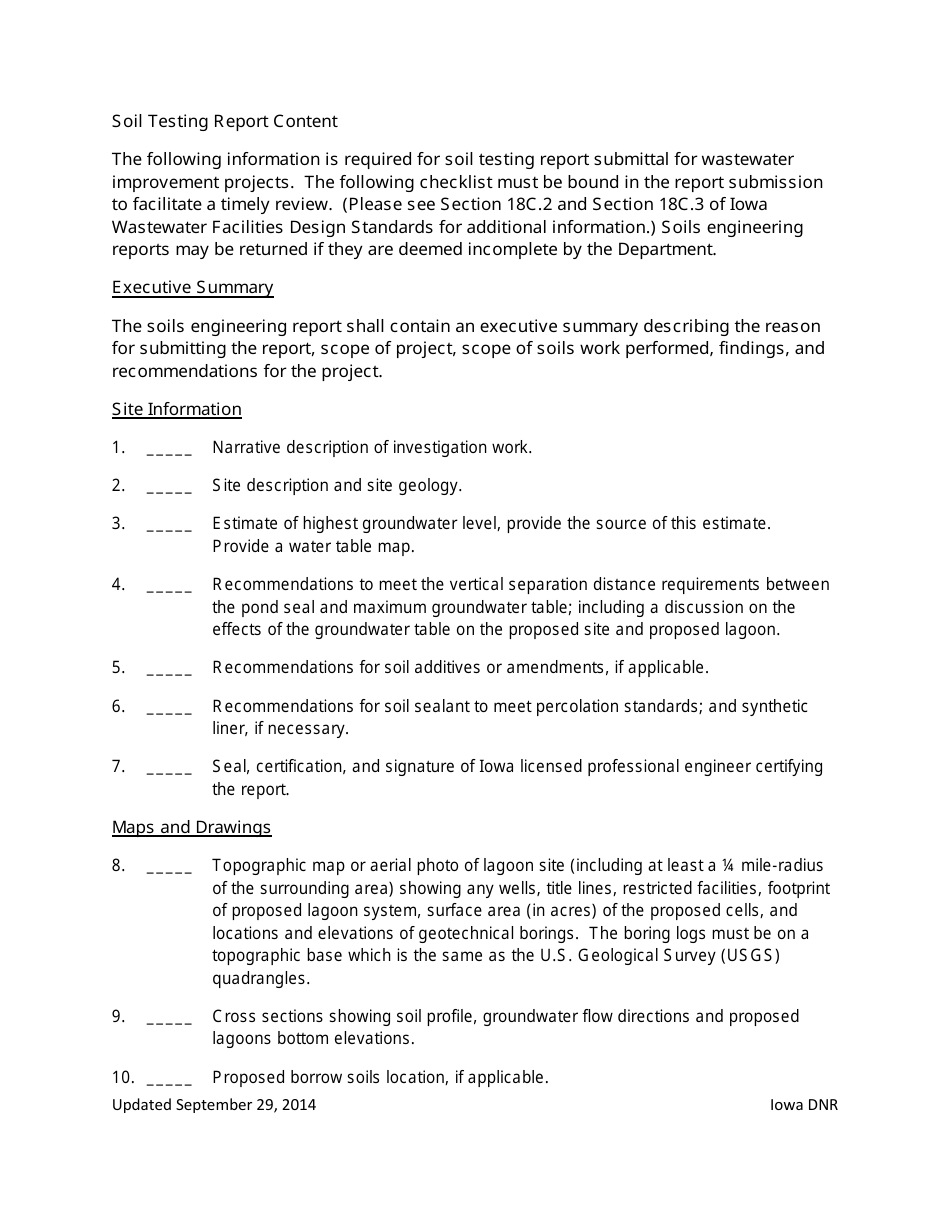Wastewater Lagoon Site Soil Testing Report Checklist - Iowa, Page 2