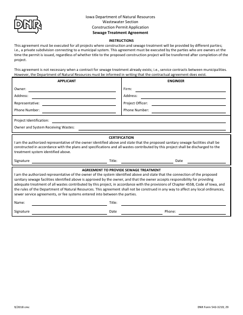DNR Form 542-3219 Sewage Treatment Agreement - Iowa