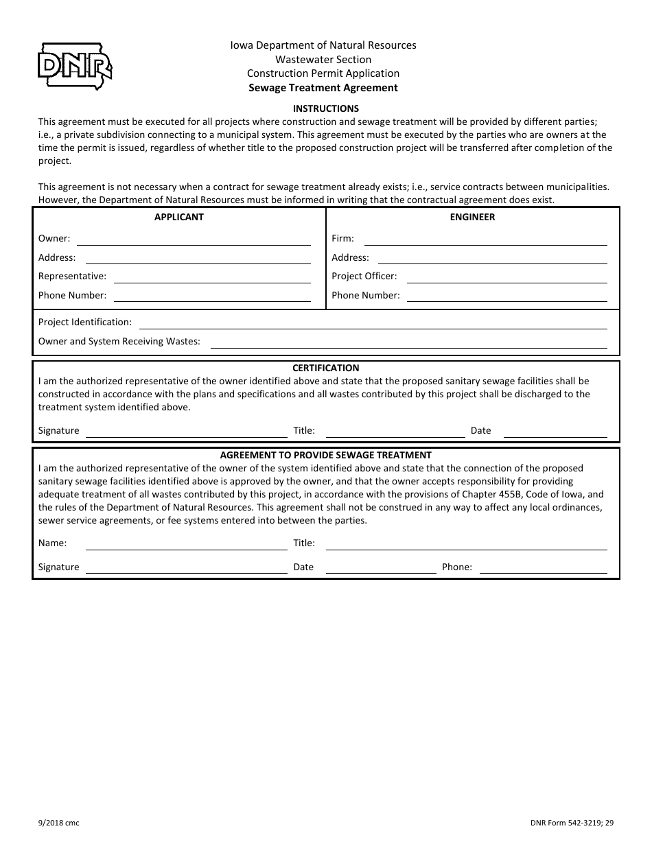DNR Form 542-3219 Sewage Treatment Agreement - Iowa, Page 1