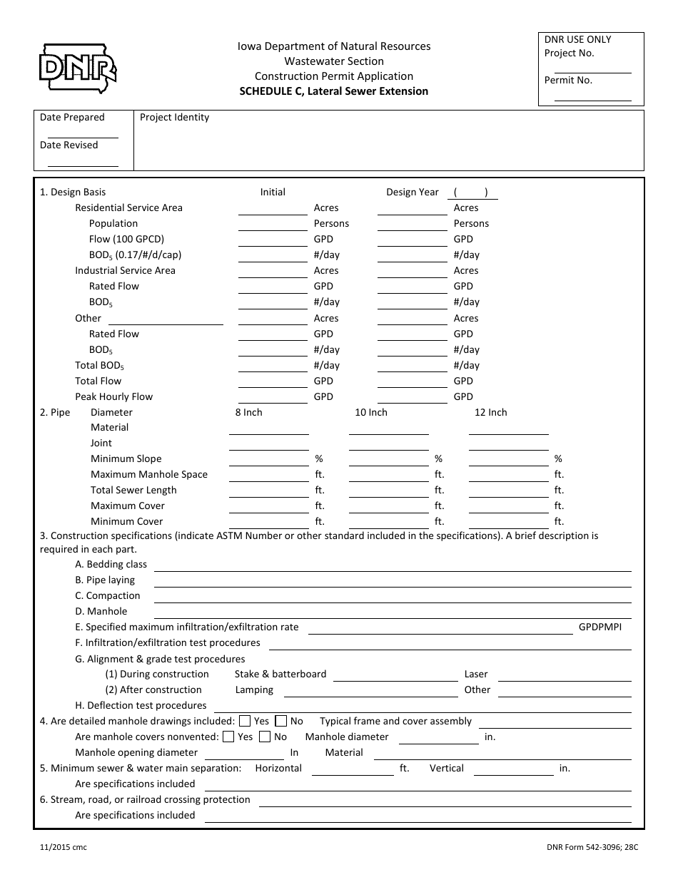 DNR Form 542-3096 Schedule C Construction Permit Application - Lateral Sewer Extension - Iowa, Page 1
