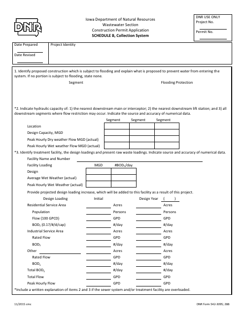 DNR Form 542-3095 Schedule B Construction Permit Application - Collection System - Iowa
