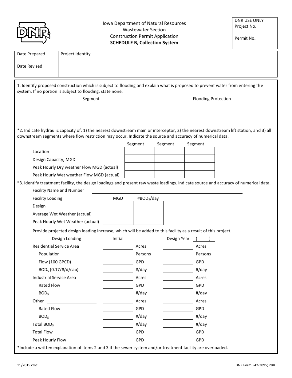 DNR Form 542-3095 Schedule B Construction Permit Application - Collection System - Iowa, Page 1