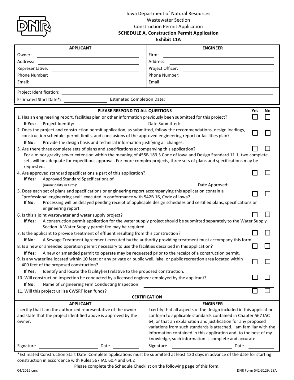 DNR Form 542-3129 Schedule A Construction Permit Application Exhibit 11a - Iowa, Page 1
