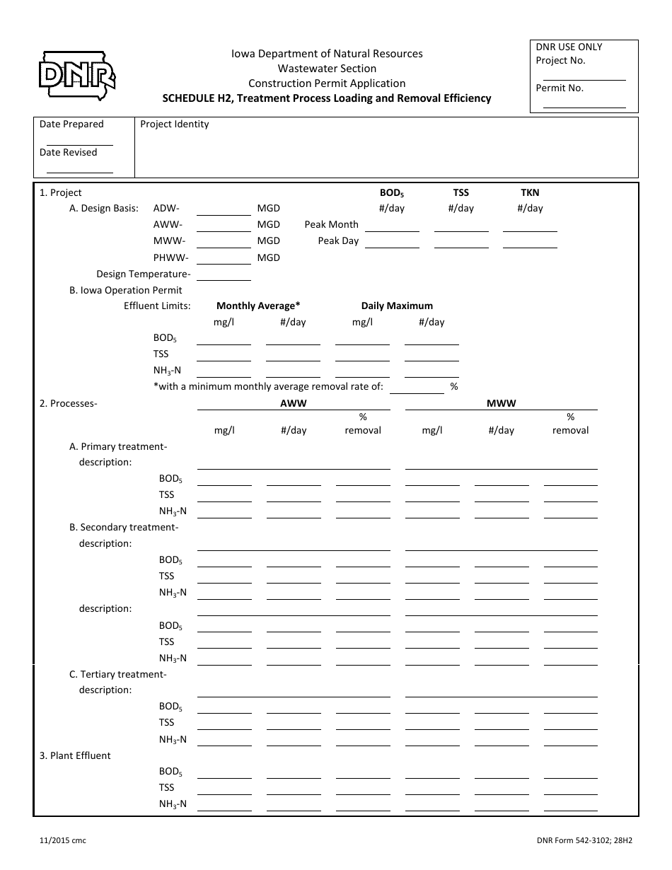 DNR Form 542-3102 Schedule H2 Treatment Process Loading and Removal Efficiency - Iowa, Page 1