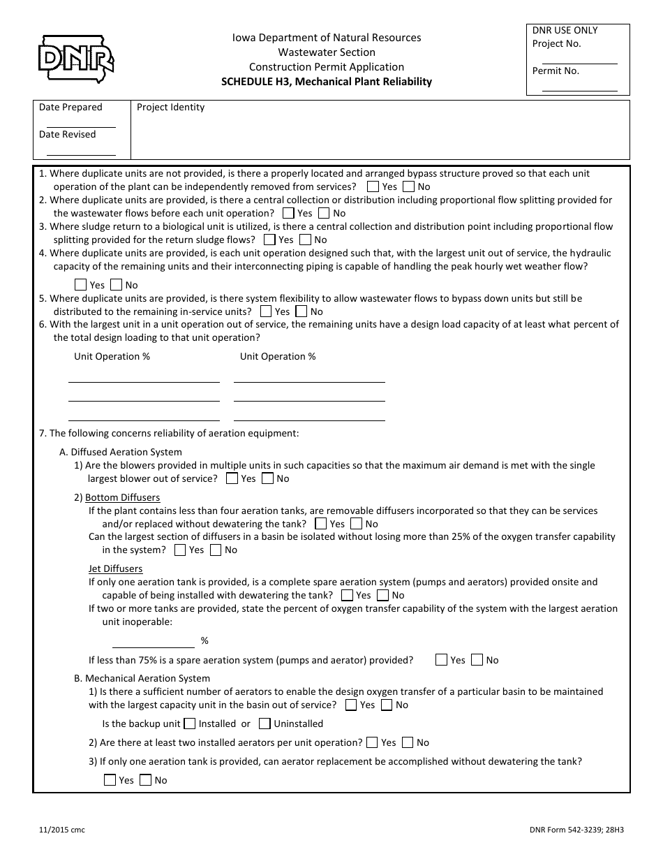DNR Form 542-3239 Schedule H3 Mechanical Plant Reliability - Iowa, Page 1
