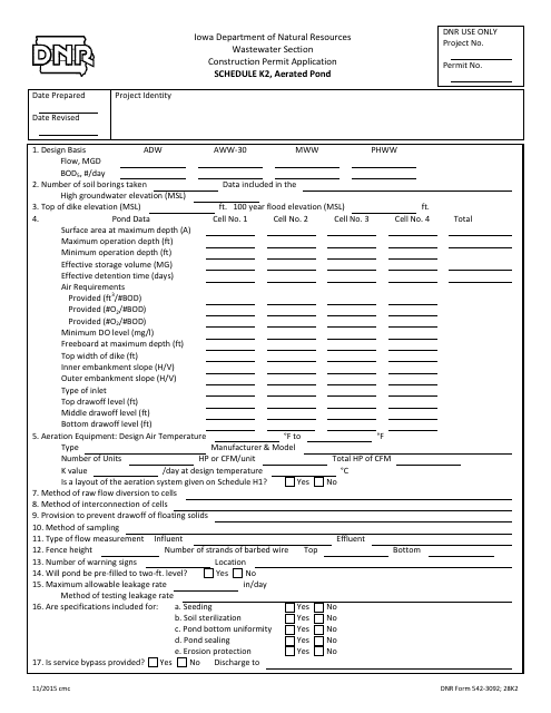 DNR Form 542-3092 Schedule K2 Aerated Pond - Iowa