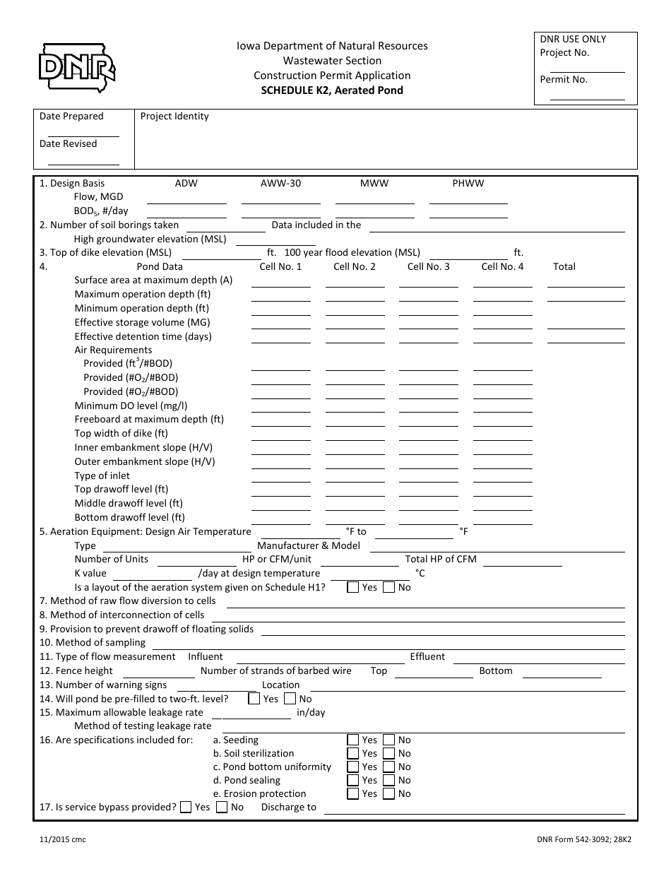 DNR Form 542-3092 Schedule K2 Aerated Pond - Iowa, Page 1