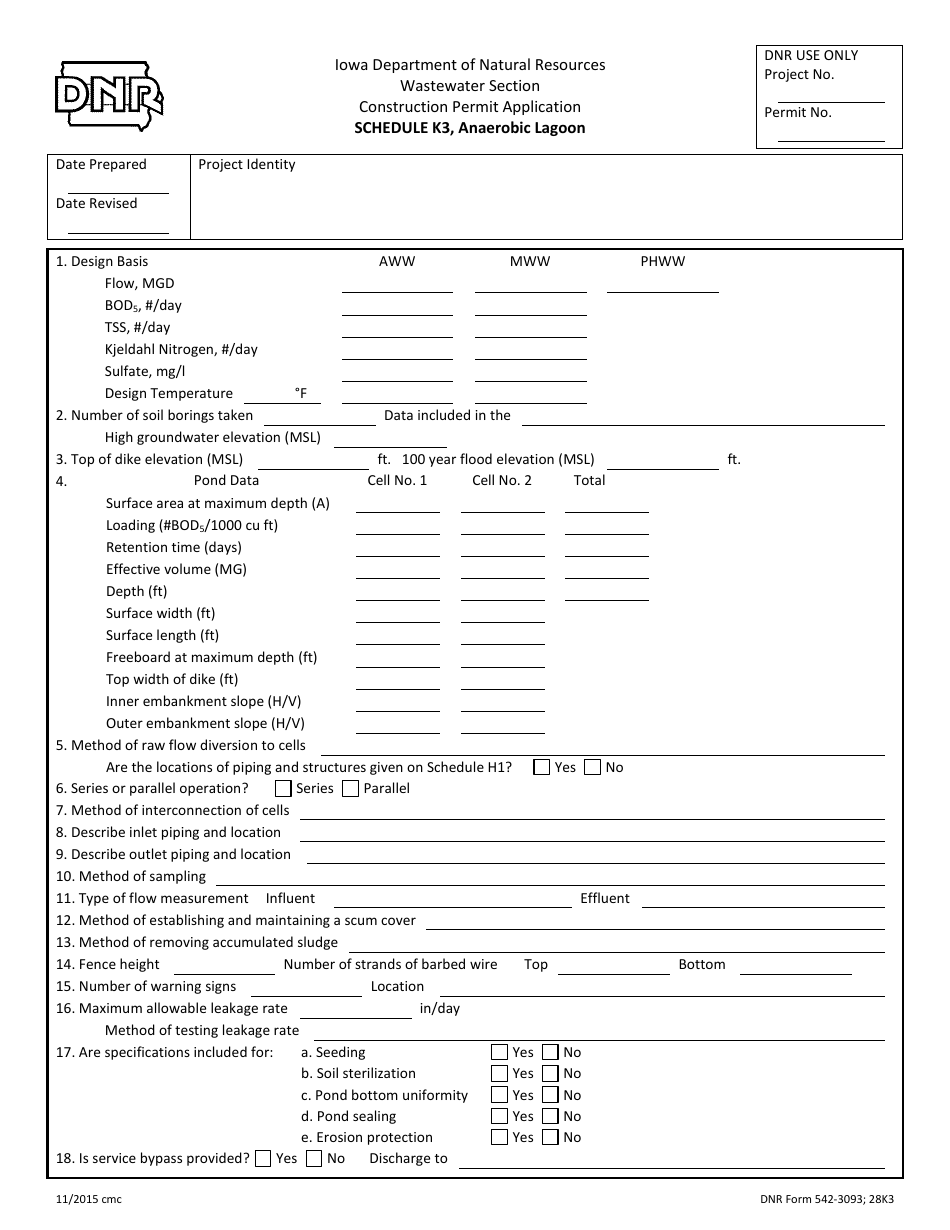 DNR Form 542-3093 Schedule K3 Anaerobic Lagoon - Iowa, Page 1