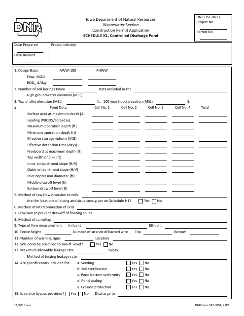 DNR Form 542-3091 Schedule K1 Controlled Discharge Pond - Iowa