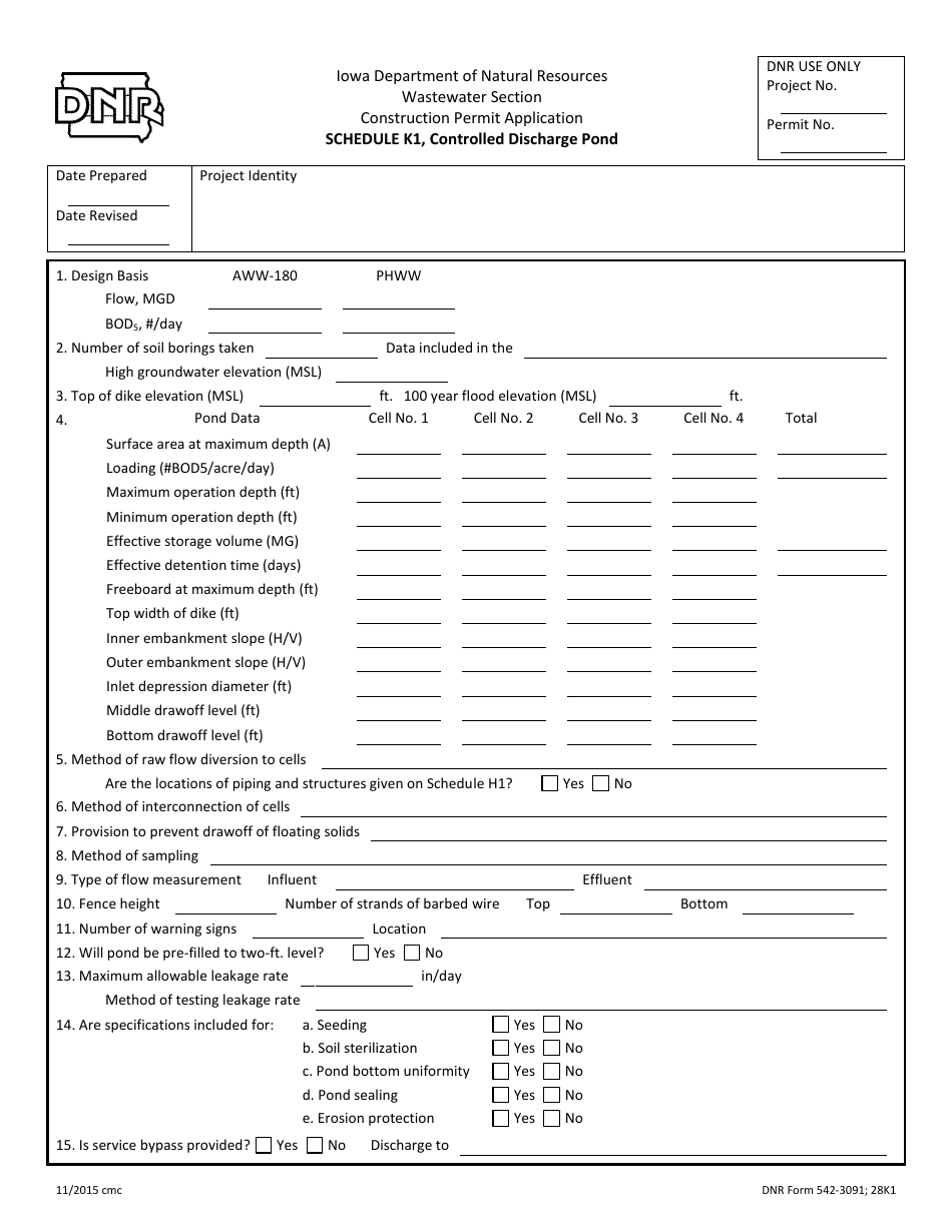 DNR Form 542-3091 Schedule K1 Controlled Discharge Pond - Iowa, Page 1