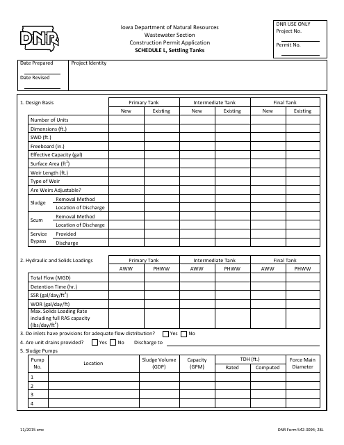 DNR Form 542-3094 Schedule L Settling Tanks - Iowa