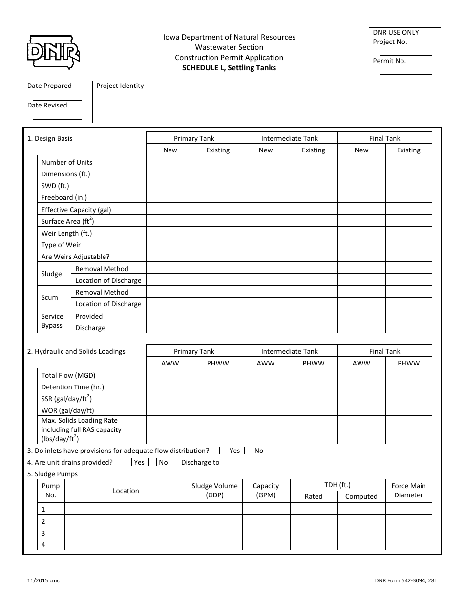DNR Form 542-3094 Schedule L Settling Tanks - Iowa, Page 1