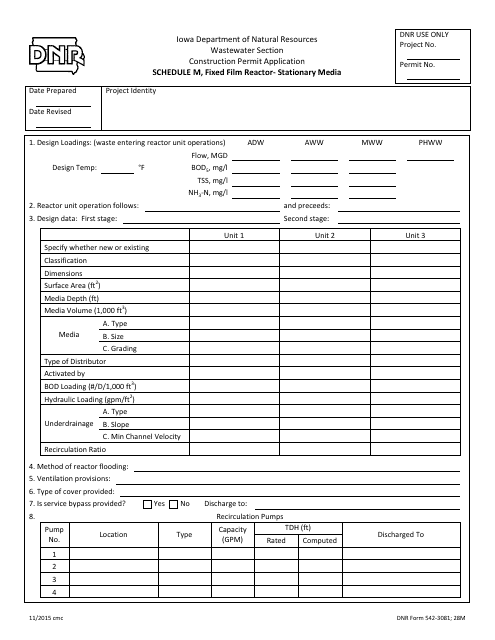 DNR Form 542-3081 Schedule M Fixed Film Reactor - Stationary Media - Iowa