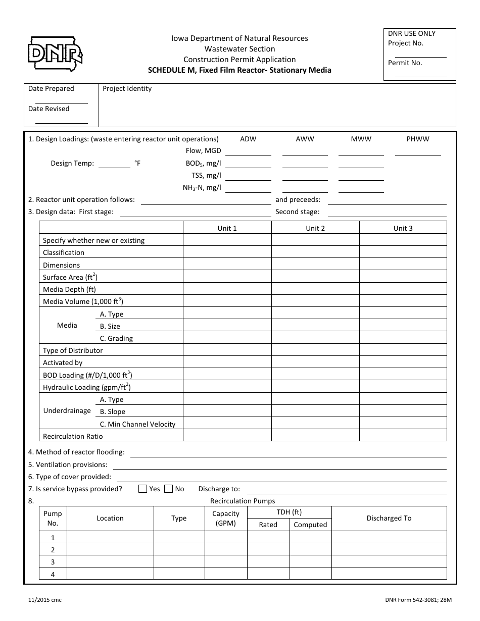 DNR Form 542-3081 Schedule M Fixed Film Reactor - Stationary Media - Iowa, Page 1