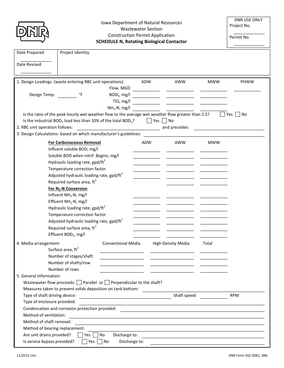 DNR Form 542-3082 Schedule N Rotating Biological Contactor - Iowa, Page 1