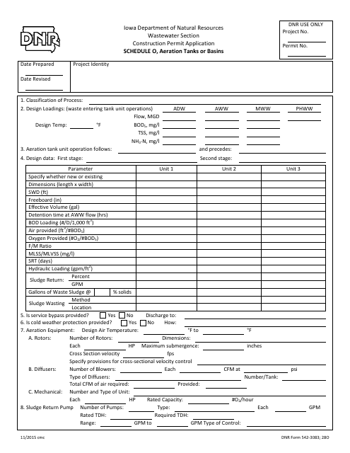 DNR Form 542-3083 Schedule O Aeration Tanks or Basins - Iowa
