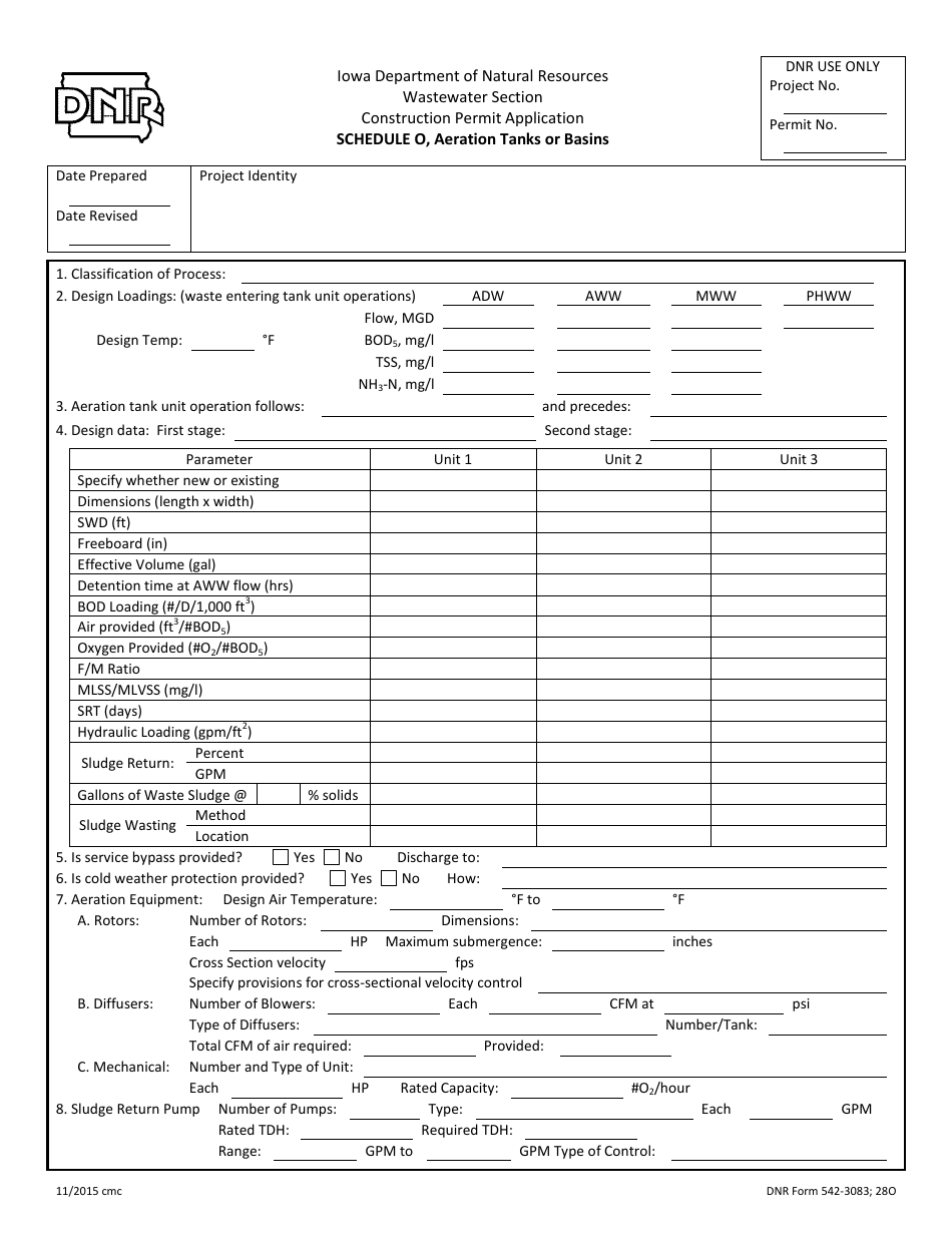 DNR Form 542-3083 Schedule O Aeration Tanks or Basins - Iowa, Page 1