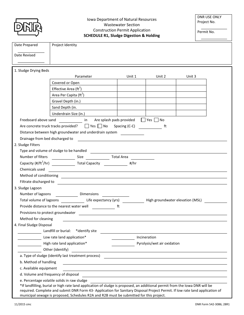 DNR Form 542-3086 Schedule R1 Sludge Digestion  Holding - Iowa, Page 1