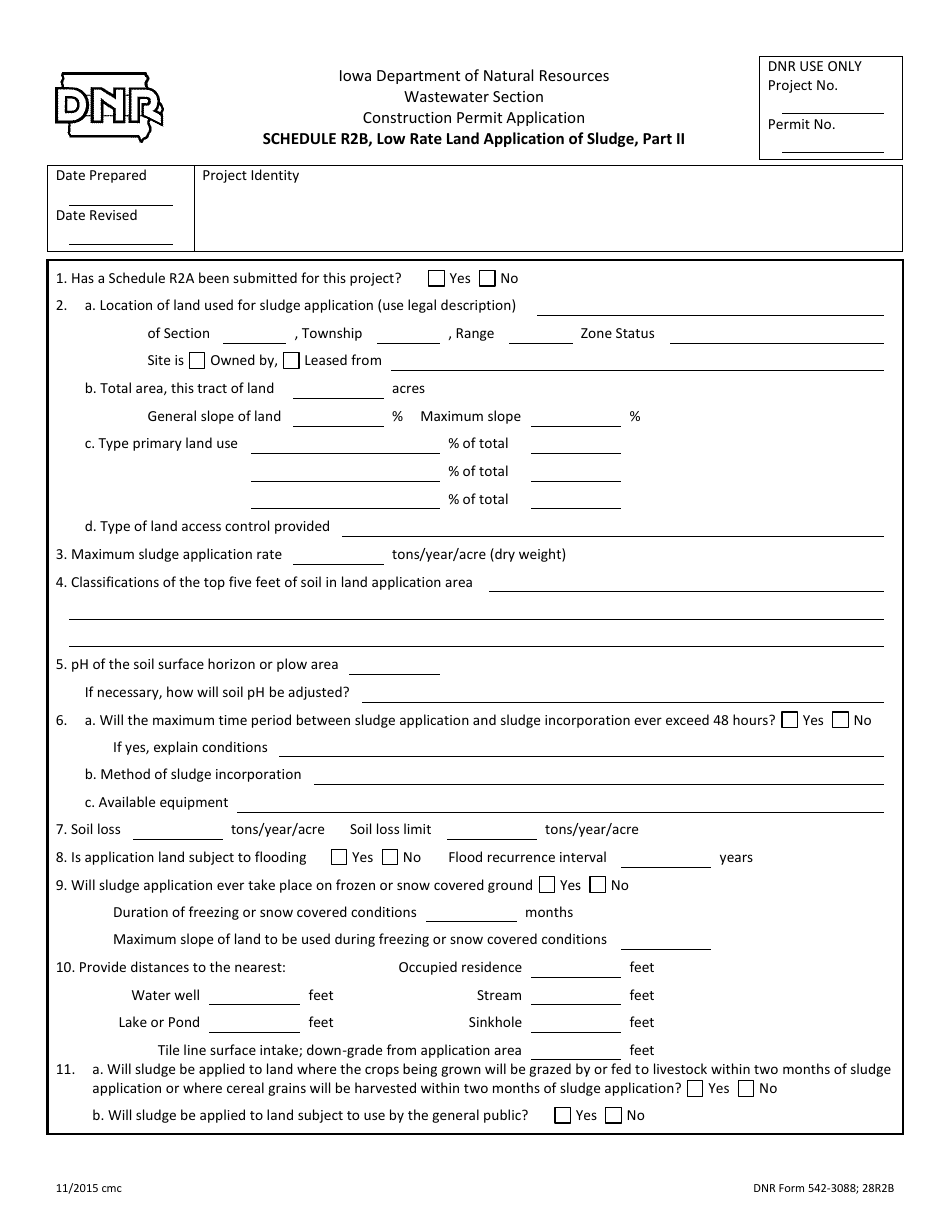 DNR Form 542-3088 Schedule R2B Low Rate Land Application of Sludge, Part Ii - Iowa, Page 1