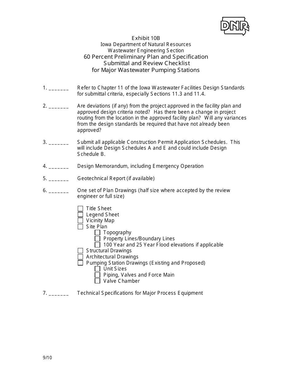 Exhibit 10B 60 Percent Preliminary Plan and Specification Submittal and Review Checklist for Major Wastewater Pumping Stations - Iowa, Page 1