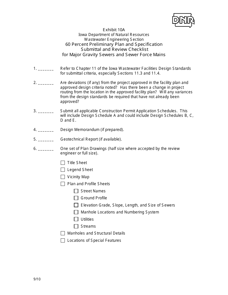 Exhibit 10A 60 Percent Preliminary Plan and Specification Submittal and Review Checklist for Major Gravity Sewers and Sewer Force Mains - Iowa, Page 1
