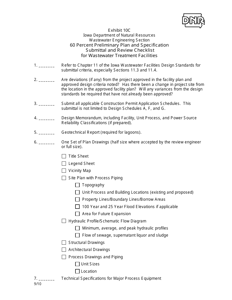 Exhibit 10C 60 Percent Preliminary Plan and Specification Submittal and Review Checklist for Wastewater Treatment Facilities - Iowa, Page 1