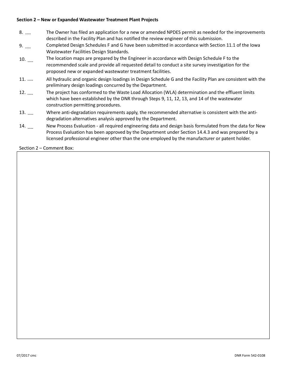 DNR Form 542-0108 Exhibit 9B Preliminary Review of Facility Plan Checklist - Iowa, Page 3