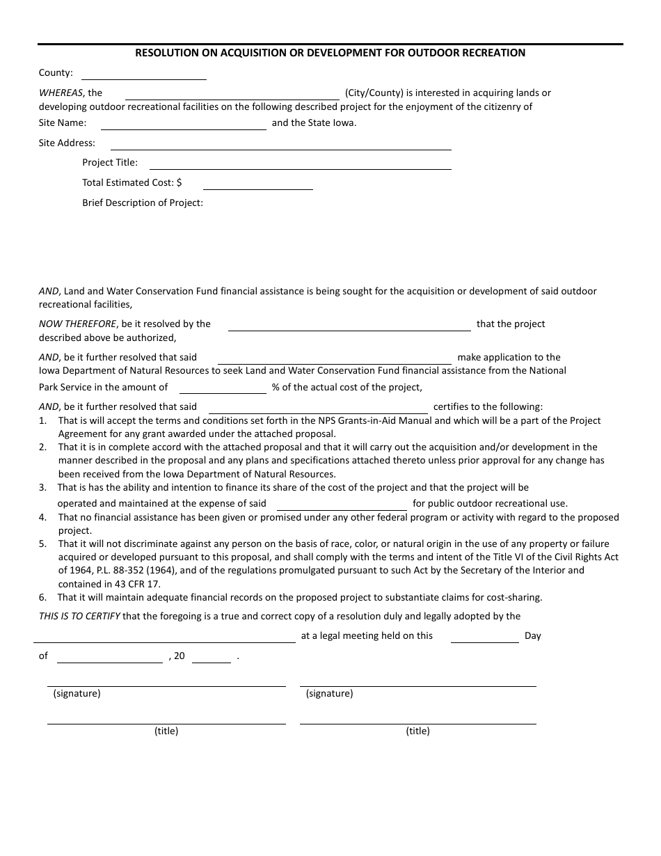 Iowa Resolution on Acquisition or Development for Outdoor Recreation ...
