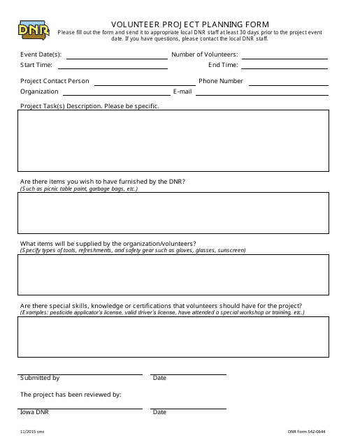 DNR Form 542-0644 Volunteer Project Planning Form - Iowa