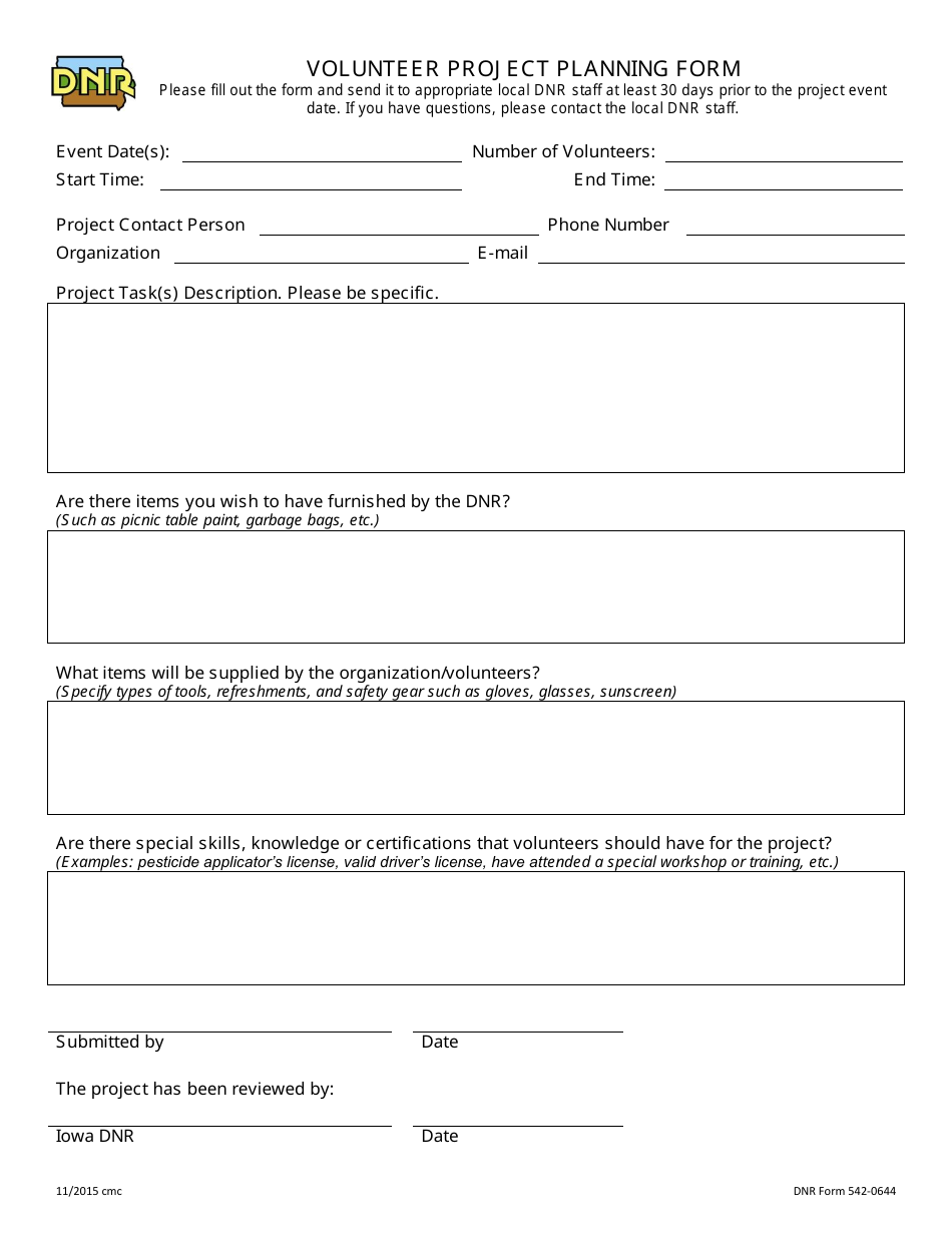 DNR Form 542-0644 Volunteer Project Planning Form - Iowa, Page 1
