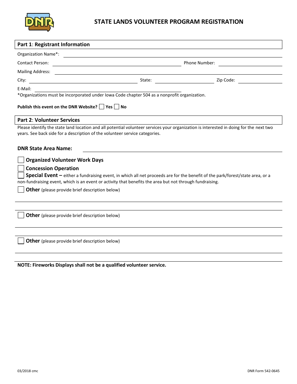 DNR Form 542-0645 State Lands Volunteer Program Registration - Iowa, Page 1